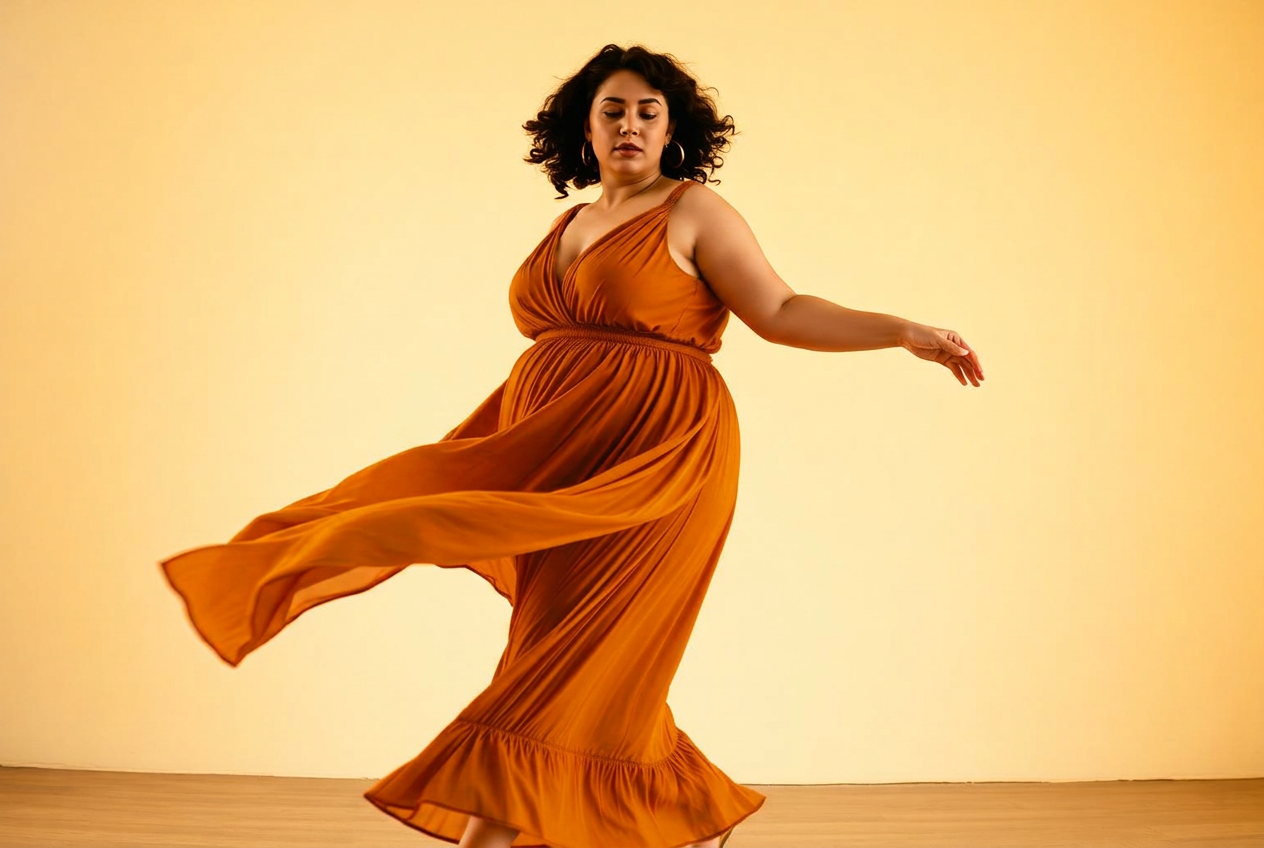 Curvy woman in a vivid amber dress mid-turn in warm light